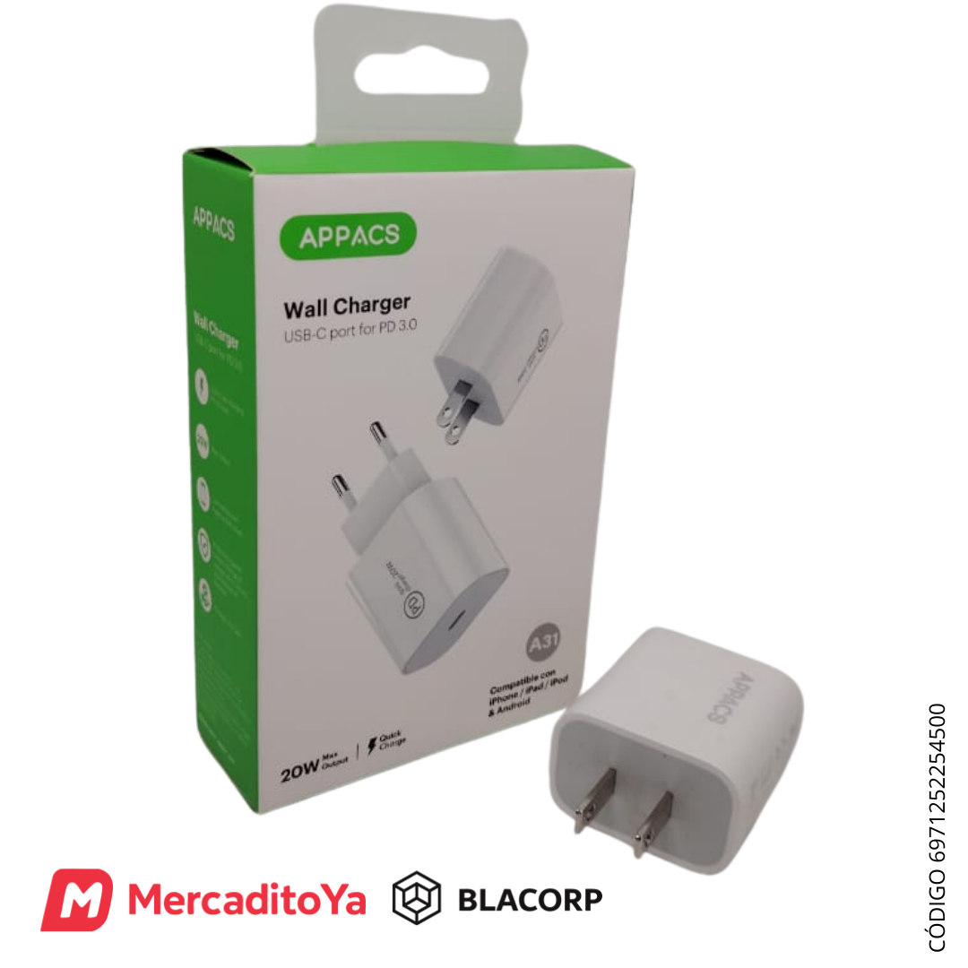 Cargador Rápido de Pared APPACS A31 - 20W PD 3.0