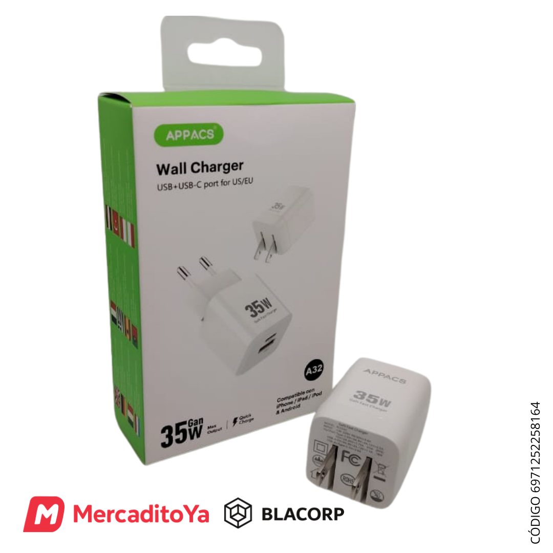 Cargador Rápido GaN APPACS A32 - 35W Dual Port (USB + USB-C)