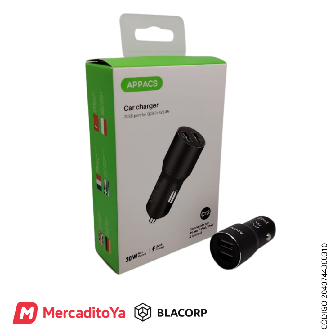 Cargador Rápido APPACS C12 para Coche - Dual USB (30W)